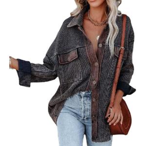 imagechouyatou Womens Vintage Spread Collar Waffle Knit Button Down Shirt Shacket JacketBlack