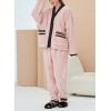 imagechouyatou Womens Fuzzy Fleece Pajama Set Color Block Jacquard Cardigan Pants Outfits Cozy Sleepwear Lounge Sets