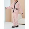 imagechouyatou Womens Fuzzy Fleece Pajama Set Color Block Jacquard Cardigan Pants Outfits Cozy Sleepwear Lounge Sets