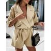 imagechouyatou Womens Notched Lapel Belted Wide Leg Jumpsuit V Neck Cuffed Short Sleeve Romper Shorts with Pockets