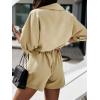 imagechouyatou Womens Notched Lapel Belted Wide Leg Jumpsuit V Neck Cuffed Short Sleeve Romper Shorts with Pockets