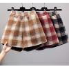 imagechouyatou Womens Winter Cute Elastic High Waisted Button Front Plaid Print Pleated Wool Wide Leg Shorts
