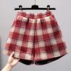 imagechouyatou Womens Winter Cute Elastic High Waisted Button Front Plaid Print Pleated Wool Wide Leg Shorts