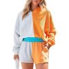 imagechouyatou Womens 2 Piece Outfits Color Block Long Sleeve Hooded Hoodie Sweatshirt Top Shorts Sets