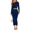 imagechouyatou Womens Sexy Ribbed Knit Long Sleeve Sweater Crop Top and Back Slit Bodycon Long Skirt Sets 2 Piece Outfits