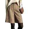 imagechouyatou Womens Vintage High Waisted Button Front Plaid Print Pleated Wool Loose Wide Leg Shorts