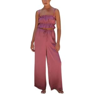 imagechouyatou Womens 2 Piece Outfit Spaghetti Strap Crop Top and Elastic Waist Wide Leg Palazzo Pants Set