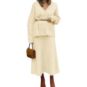 imagechouyatou Womens 2 Piece Outfits Fluffy Button Down Cardigan ALine Skirt Two Piece Sweater Skirt Sets