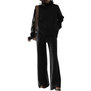 imagechouyatou Womens 2 Piece Outfits Knit Sweatsuit Mock Neck Sweater Top Wide Leg Pants Set