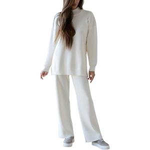 imagechouyatou Womens Casual 2 Piece Outfits Knitted Mock Neck Slit Sweater Wide Leg Pants Set Loungewear