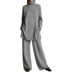 imagechouyatou Womens Casual 2 Piece Outfits Turtleneck Knitted Sweater Wide Leg Pants Set