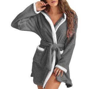 imagechouyatou Womens Color Block Plush Nightdress Hooded Loose Fit Pajama Dress Ultra Soft Bathrobe Nightgown
