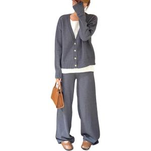 imagechouyatou Womens Fall 2 Piece Outfits Knit Pullover Sweater Sets Cardigan Wide Leg Pants Lounge Sets