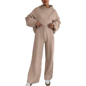 imagechouyatou Womens Fall 2 Piece Outfits Knit Sweater Sets Sweater Hoodie Wide Leg Pants Lounge Sets