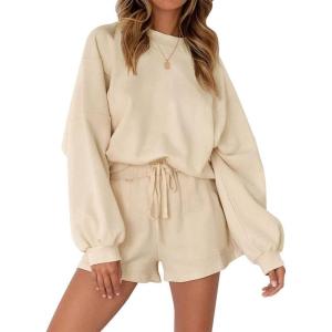 imagechouyatou Womens Long Sleeve Pullover Sweatshirt Top Shorts Sets 2 Piece Outfits
