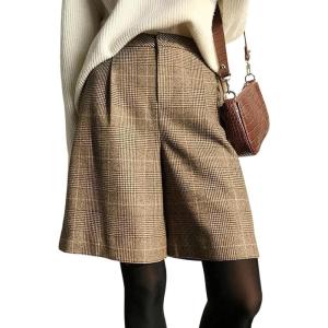 imagechouyatou Womens Vintage High Waisted Button Front Plaid Print Pleated Wool Loose Wide Leg Shorts