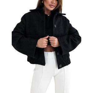 imagechouyatou Womens Winter Cropped Wool Coat Single Breasted Casual Loose Short Wool Blend Pea Coat
