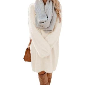 imagechouyatou Womens Winter Furry Pullover Sweater Dress Long Sleeve Fuzzy Fleece Warm Sweater Short Dress