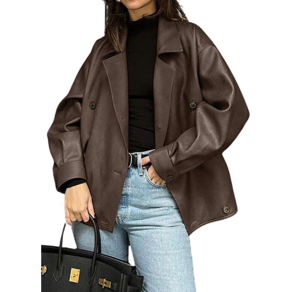 imagechouyatou Womens Vintage Faux Leather Bomber Jacket Double Breasted Oversized Coat Motorcycle Jacket