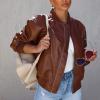 imagechouyatou Womens Fall Oversized Faux Leather Bomber Jacket Zip Boyfriend Motocycle Leather Jacket