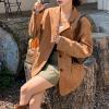 imagechouyatou Womens Fall Vintage Faux Suede Leather Jacket Suit Casual Button Down Notch Collar Blazer Coat
