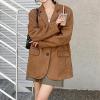 imagechouyatou Womens Fall Vintage Faux Suede Leather Jacket Suit Casual Button Down Notch Collar Blazer Coat
