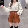 imagechouyatou Womens Fall Winter Cute Elastic High Waisted Ruffle Pleated Wool Wide Leg Shorts with Pockets