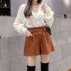 imagechouyatou Womens Fall Winter Cute Elastic High Waisted Ruffle Pleated Wool Wide Leg Shorts with Pockets