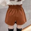 imagechouyatou Womens Fall Winter Cute Elastic High Waisted Ruffle Pleated Wool Wide Leg Shorts with Pockets