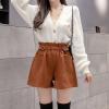 imagechouyatou Womens Fall Winter Cute Elastic High Waisted Ruffle Pleated Wool Wide Leg Shorts with Pockets