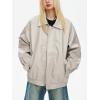 imagechouyatou Womens Oversized Faux Leather Bomber Jacket Zip Boyfriend Shacket Motocycle JacketBeige