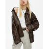 imagechouyatou Womens Oversized Faux Leather Bomber Jacket Zip Boyfriend Shacket Motocycle JacketBrown