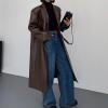 imagechouyatou Womens PU Leather Notch lapel Button Down Trench Coat Long Faux Leather Blazer Jacket Overcoat
