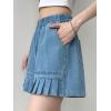 imagechouyatou Womens Pleated Hem Jean Shorts High Elastic Waisted Flare Wide Leg Denim Shorts with Pockets