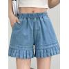 imagechouyatou Womens Pleated Hem Jean Shorts High Elastic Waisted Flare Wide Leg Denim Shorts with Pockets