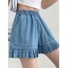 imagechouyatou Womens Pleated Hem Jean Shorts High Elastic Waisted Flare Wide Leg Denim Shorts with Pockets