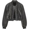 imagechouyatou Women Vintage PU Jacket Zip Up Bomber Jacket Faux Leather Cropped Short Jacket Coat with Pocket
