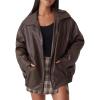 imagechouyatou Womens Oversized Faux Leather Bomber Jacket Fall Casual Shacket Motocycle Leather Jacket