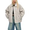 imagechouyatou Womens Oversized Faux Leather Bomber Jacket Zip Boyfriend Shacket Motocycle JacketBeige