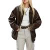 imagechouyatou Womens Oversized Faux Leather Bomber Jacket Zip Boyfriend Shacket Motocycle JacketBrown