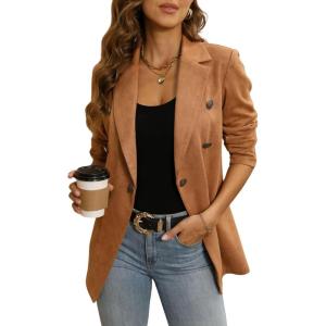 imagechouyatou Women Faux Suede Leather Jacket Suit Business Casual Dress Button Down Notch Collar Blazer Coat