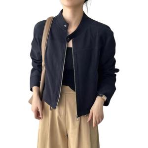imagechouyatou Women Vintage Faux Suede Jacket Zip Up Bomber Jacket Stand Collar Cropped Biker Moto Jacket Coat