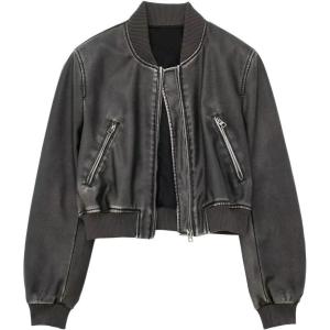 imagechouyatou Women Vintage PU Jacket Zip Up Bomber Jacket Faux Leather Cropped Short Jacket Coat with Pocket
