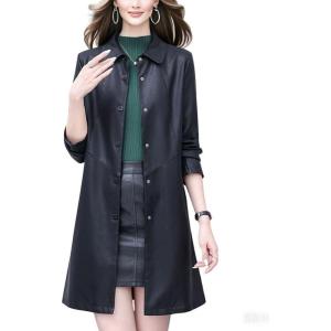 imagechouyatou Womens Elegant Collared Single Breasted Pu Faux Leather Jacket Trench Coat with Pockets