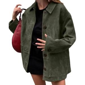 imagechouyatou Womens Fall Boyfriend Faux Suede Leather Jacket Casual Midi Long Button Down Shacket CoatArmy Green
