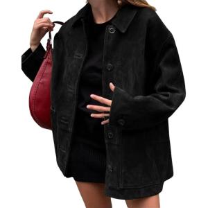 imagechouyatou Womens Fall Boyfriend Faux Suede Leather Jacket Casual Midi Long Button Down Shacket CoatBlack