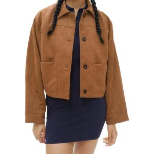imagechouyatou Womens Fall Fashion Faux Suede Leather Jacket Casual Button Down Crop Leather Jacket Shacket