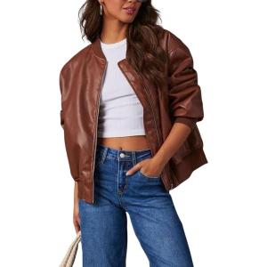 imagechouyatou Womens Fall Oversized Faux Leather Bomber Jacket Zip Boyfriend Motocycle Leather Jacket