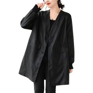 imagechouyatou Womens Fall VNeck Midi Long Faux Leather Jacket Office Business Casual Trench Coat