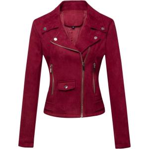 imagechouyatou Womens Fashion Notched Collar Slim Suede Leather Short Biker Jacket